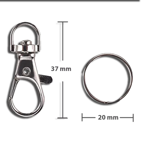 Keychain accessory with carabiner for NFC HSM TAG products, including dimensions.