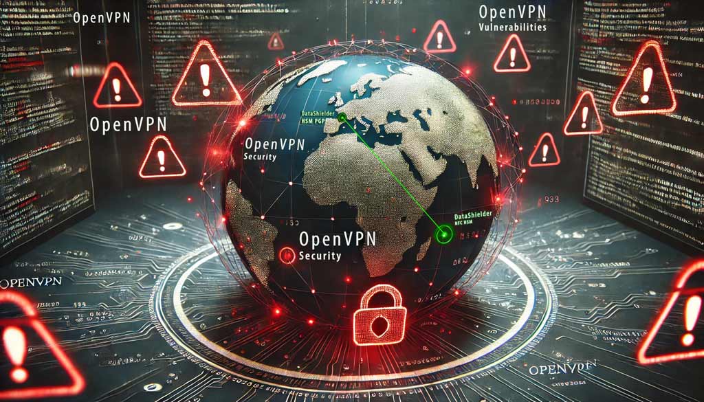 Depiction of OpenVPN security vulnerabilities showing a globe with digital connections, the OpenVPN logo with cracks, and red warning symbols indicating a global breach.