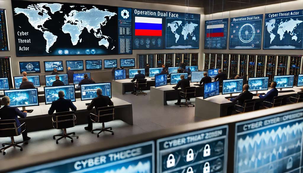 Operation Dual Face - Russian Espionage Hacking Tools in a high-tech cybersecurity control room showing Russian involvement