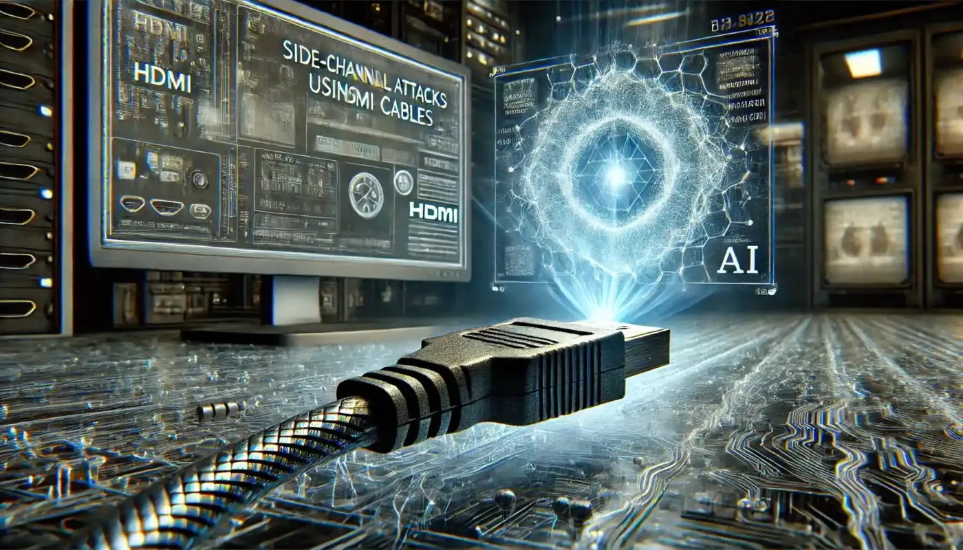 Side-channel attacks visualized through an HDMI cable emitting invisible electromagnetic waves intercepted by an AI system.