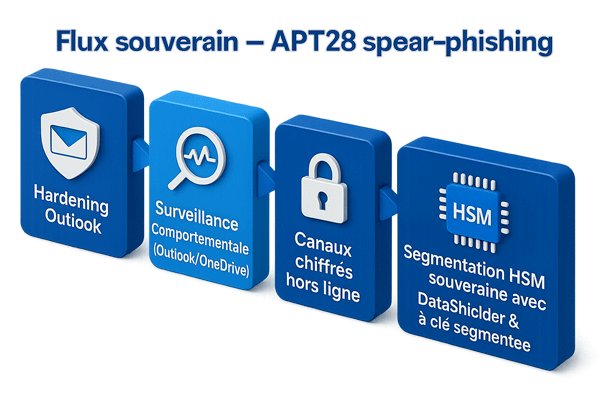 Infographie 3D du flux souverain contre APT28 spear-phishing avec DataShielder et PassCypher HSM à clés segmentées : Outlook hardening, surveillance comportementale Outlook/OneDrive, canaux chiffrés hors ligne et segmentation HSM souveraine
