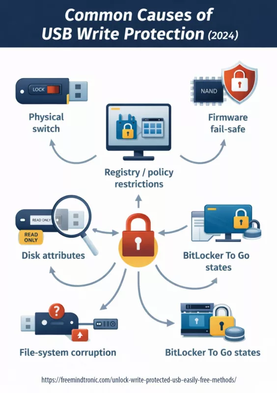 Common causes to unlock a write-protected USB including firmware lock, BitLocker, file-system errors, and disk attributes
