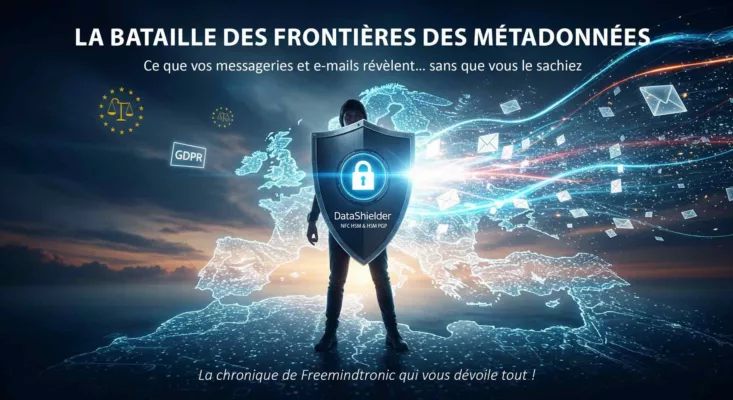 Affiche de cinéma "La Bataille des Frontières des Métadonnées" illustrant un défenseur avec un bouclier DataShielder protégeant l'Europe numérique. Le bouclier est verrouillé, symbolisant la protection de la confidentialité des métadonnées e-mail contre la surveillance. Des icônes GDPR et des e-mails stylisés flottent, représentant les enjeux légaux et la fuite de données. Le fond montre une carte de l'Europe illuminée par des circuits numériques. Le texte principal alerte sur ce que les messageries et e-mails révèlent sans votre savoir, promu par Freemindtronic.