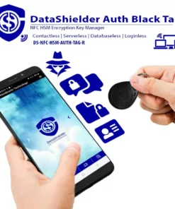 DataShielder Auth Black Tag being used for secure, contactless encryption via NFC-enabled smartphone.