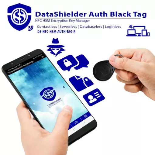 DataShielder Auth Black Tag being used for secure, contactless encryption via NFC-enabled smartphone.