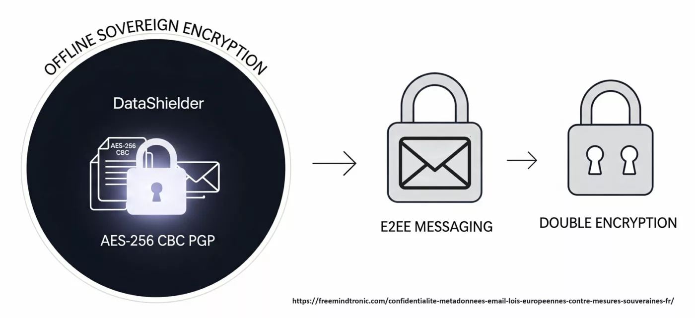 Diagramme technique illustrant un processus de double chiffrement. Un premier cadenas (DataShielder) protège des documents via une encapsulation hors ligne (AES-256 CBC PGP) avant que le message ne soit envoyé dans une messagerie chiffrée de bout en bout (E2EE), garantissant une protection renforcée contre les données de traînée.