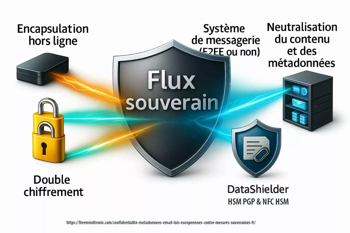 Infographie réaliste du « Flux souverain » de DataShielder montrant l’encapsulation hors ligne, le double chiffrement, le système de messagerie (E2EE ou non), la neutralisation du contenu et des métadonnées, et la segmentation des identités.