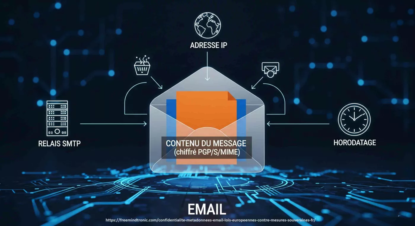 Diagramme technique montrant la confidentialité des métadonnées e-mail, la séparation entre contenu chiffré PGP/S/MIME et les métadonnées de transport non chiffrées (relais SMTP, adresse IP, horodatage) selon les RFC 5321 et 5322. Illustration des données visibles par les fournisseurs de messagerie et des risques de profilage
