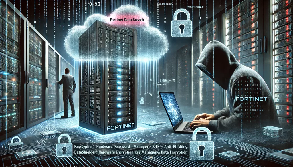 Illustration of the Fortinet data breach with cloud security vulnerabilities and encrypted data protection.