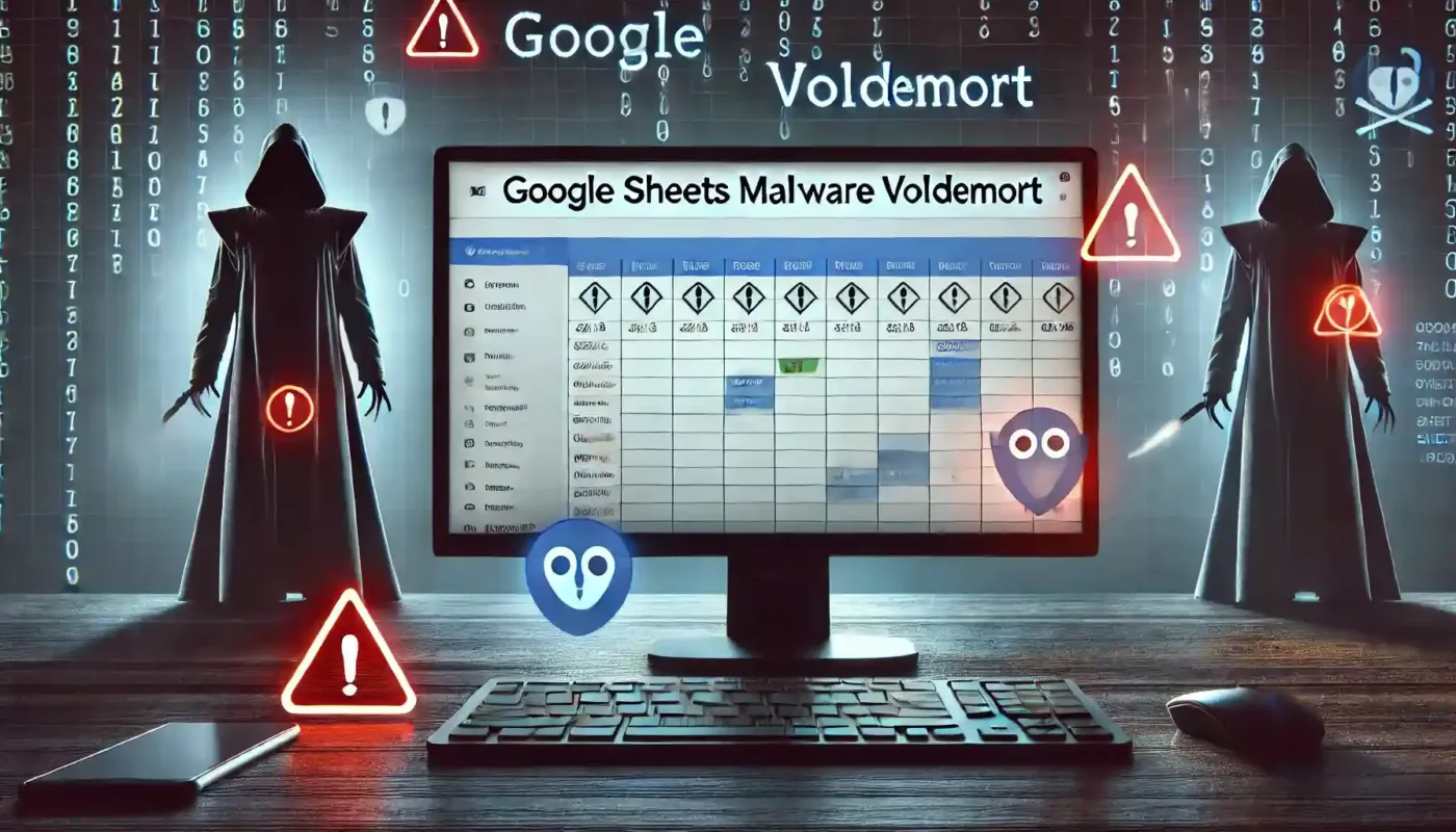 Google Sheets interface showing malware activity, with the keyphrase 'Google Sheets Malware Voldemort' subtly integrated into the image, representing cyber espionage.