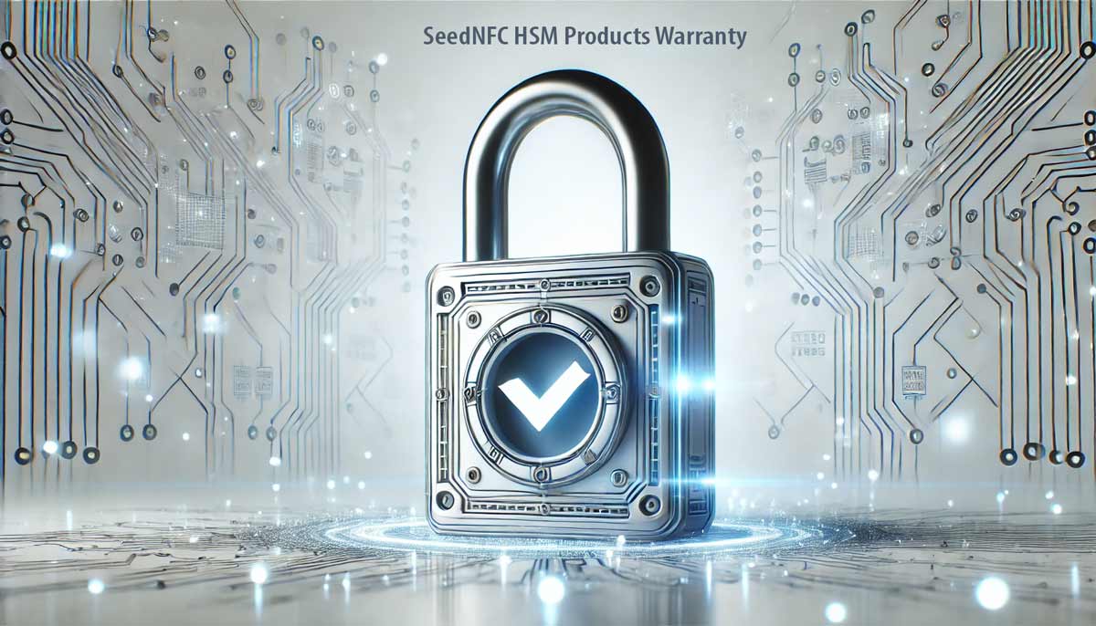 Futuristic padlock symbolizing the SeedNFC HSM Products Warranty with digital circuitry in the background, representing security and protection.