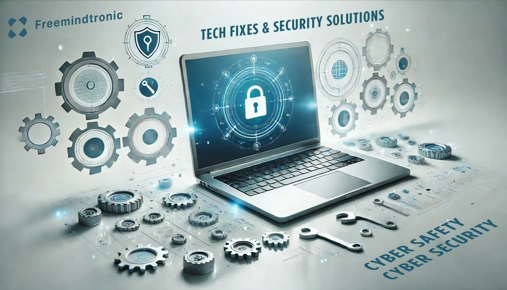 Tech Fixes & Security Solutions - Laptop with gears and security icons on a white background symbolizing digital security and troubleshooting.