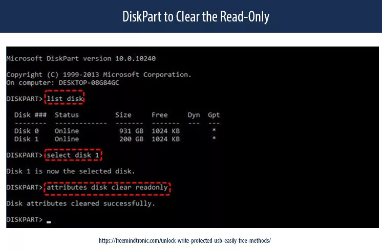 Unlock write-protected USB using DiskPart to clear the disk read-only attribute on Windows