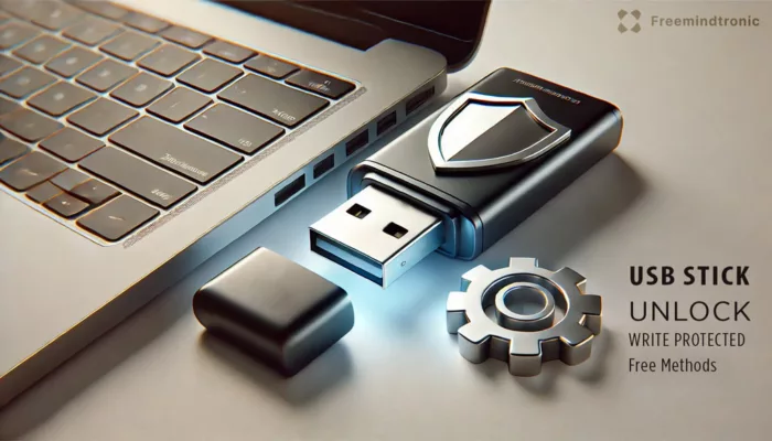 USB drive inserted into a laptop with shield and gear icons, symbolizing unlocking write-protected USB and troubleshooting solutions.