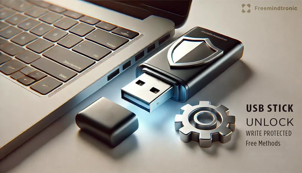 USB drive inserted into a laptop with shield and gear icons, symbolizing unlocking write-protected USB and troubleshooting solutions.