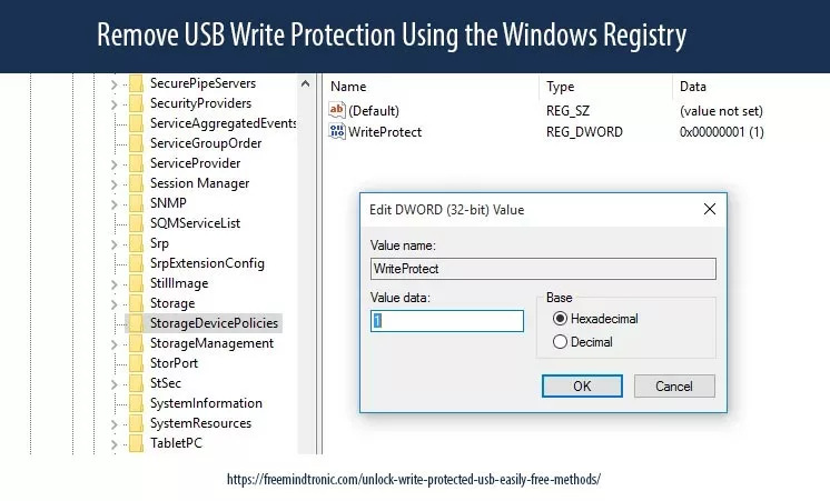 Unlock write-protected USB by editing Windows Registry StorageDevicePolicies WriteProtect value