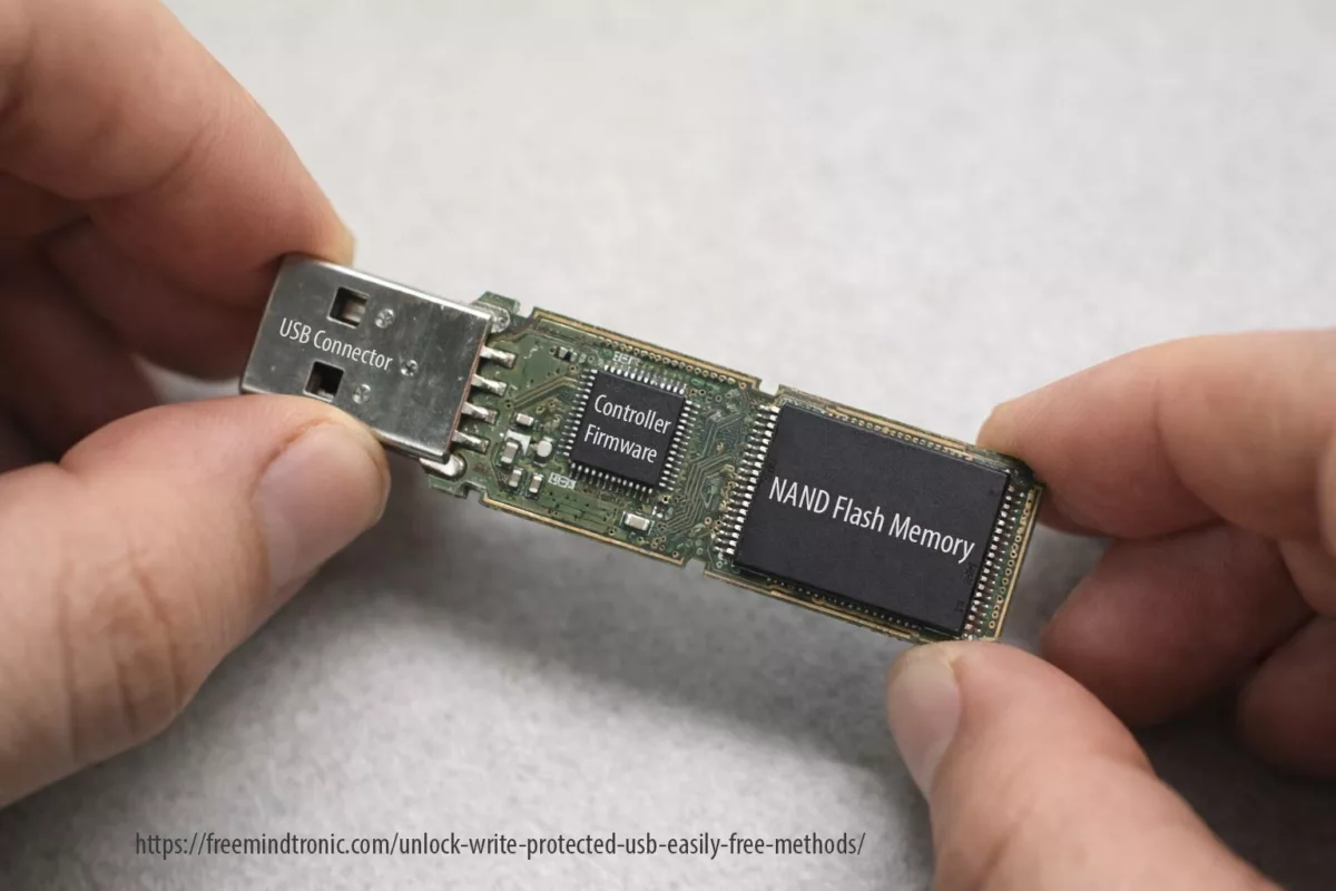 USB flash drive internal components showing controller chip and NAND flash memory