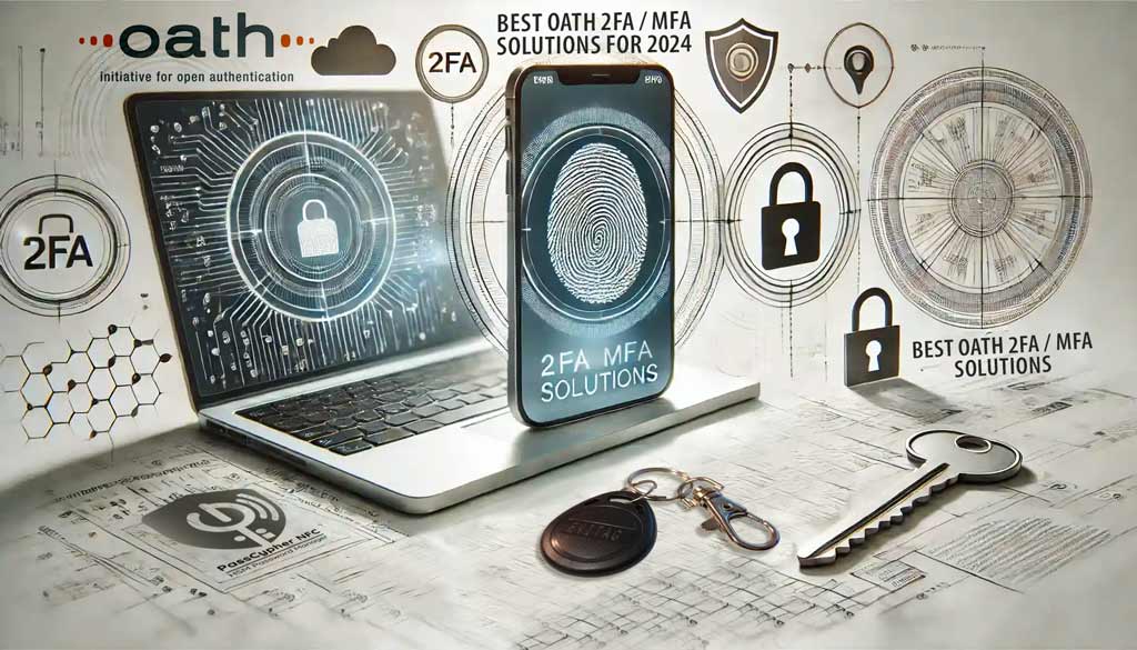 Laptop and smartphone displaying 2FA MFA security features with OATH initiative, key management solutions for 2024.