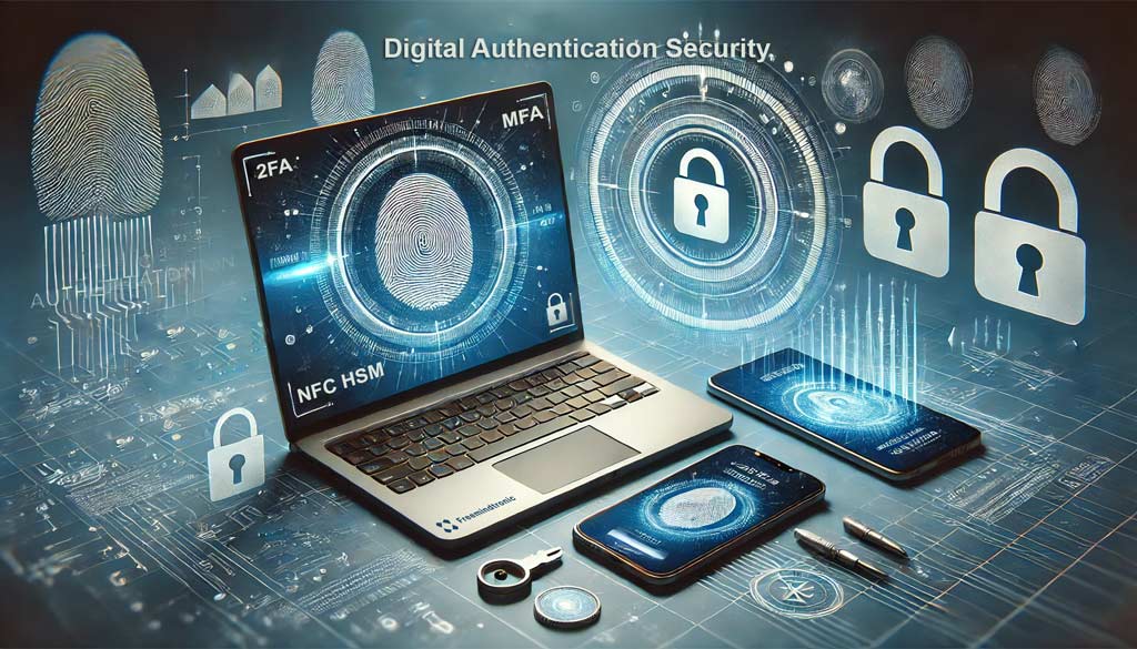 Digital Authentication Security showing a laptop and smartphone with biometric login, two-factor authentication, and security keys on a bright white background.