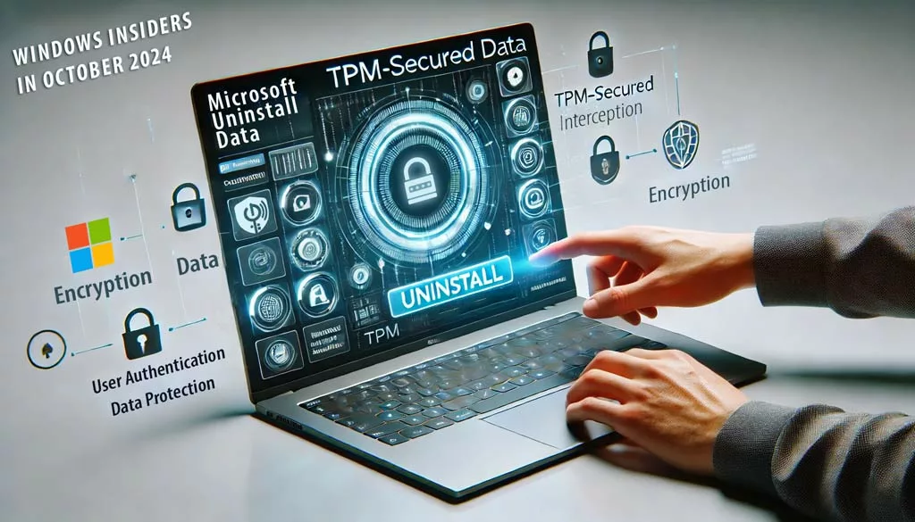 laptop displaying Microsoft Uninstallable Recall feature, highlighting TPM-secured data and uninstall option, with a user's hand interacting, on a white background.