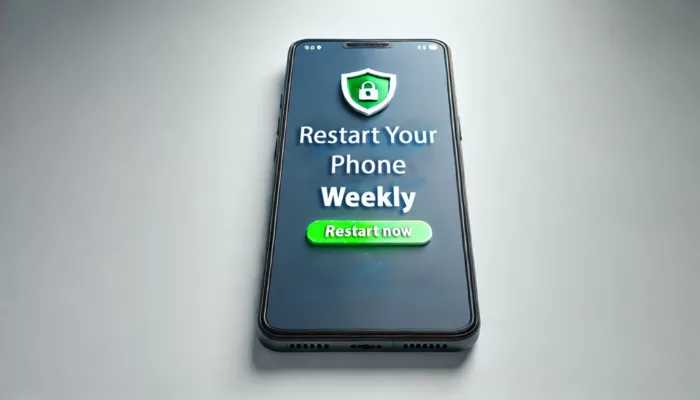 A modern smartphone displaying a notification to 'Restart Your Phone Weekly', emphasizing cybersecurity on a clean white background with a security shield icon.