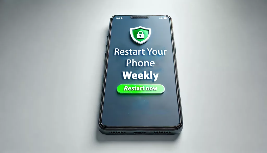 A modern smartphone displaying a notification to 'Restart Your Phone Weekly', emphasizing cybersecurity on a clean white background with a security shield icon.