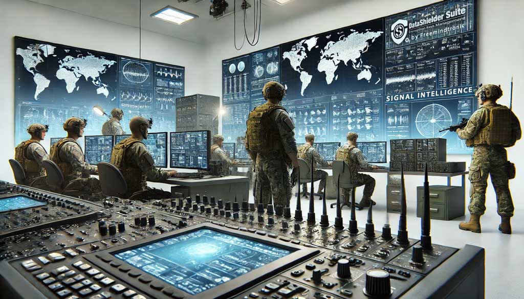 Realistic depiction of electronic warfare in military intelligence with modern equipment and personnel analyzing communication signals on white background