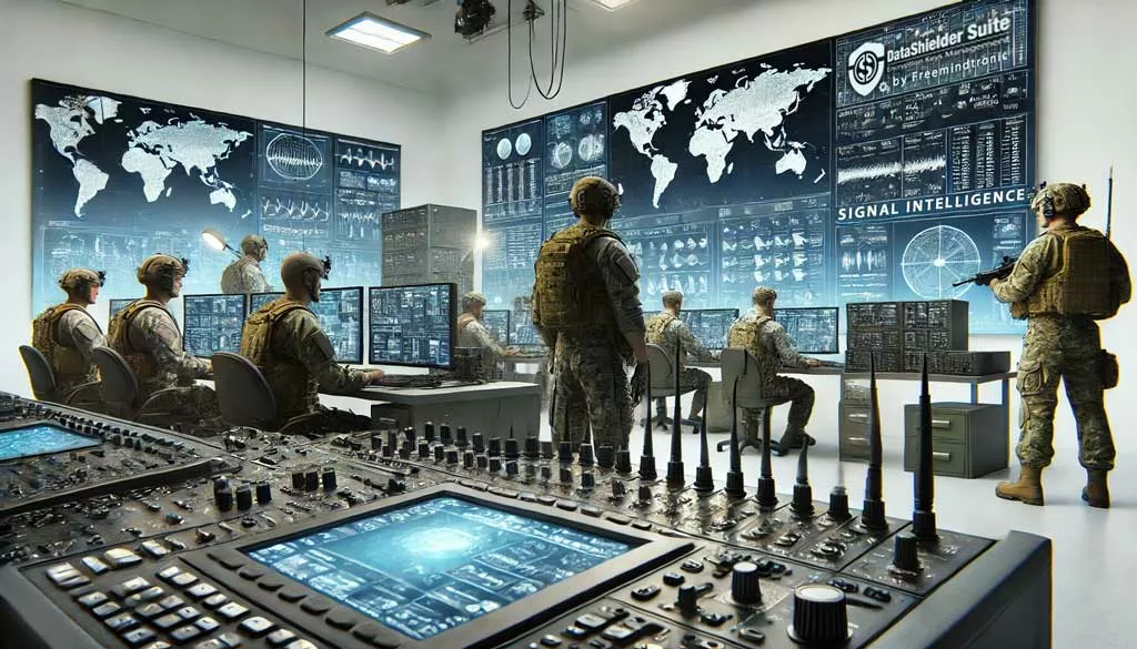 Realistic depiction of electronic warfare in military intelligence with modern equipment and personnel analyzing communication signals on white background