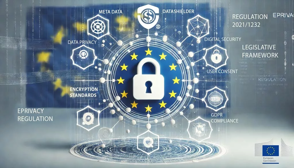 White background image illustrating the ePrivacy Regulation with a secure lock symbol, digital icons for encryption and consent, and the European Union flag subtly integrated.