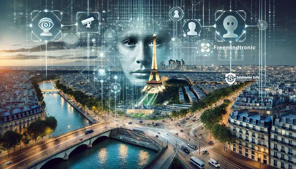 Hyper-realistic depiction of French Digital Surveillance, featuring Paris cityscape with digital networks, surveillance cameras, and facial recognition grids.