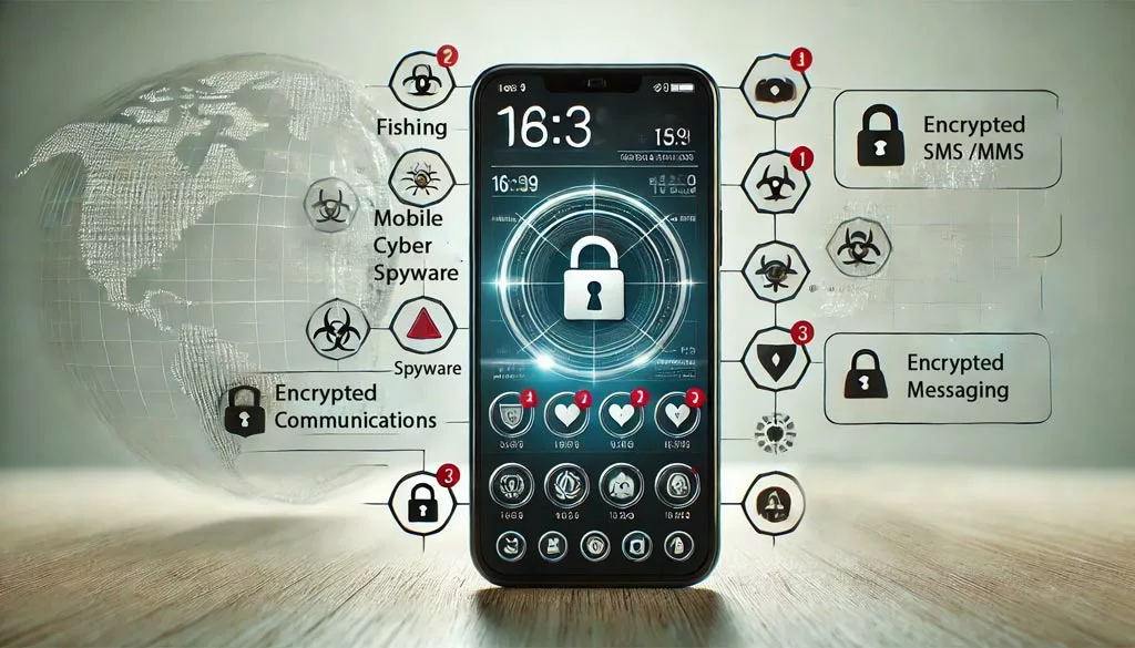 Mobile Cyber Threats for Government Agencies – smartphone with cyber threat notifications on white background.