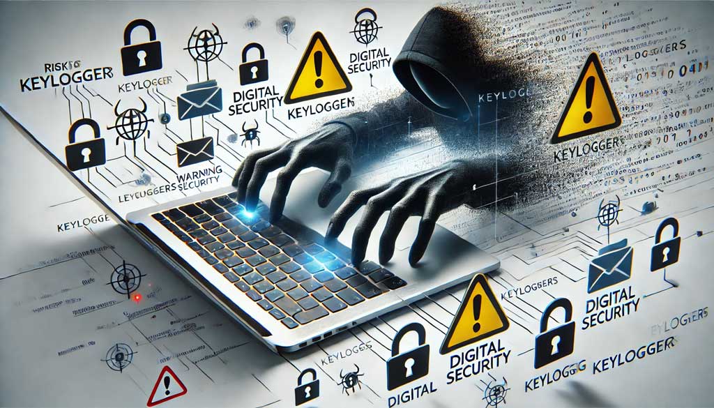 Protect Against Keyloggers - Shadowy hands reaching for a laptop keyboard with digital security icons and warning signs