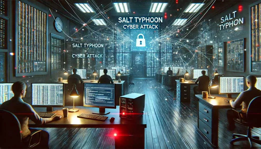 Government office under cyber threat from Salt Typhoon cyber attack, with digital lines and data streams symbolizing espionage targeting mobile and computer networks.