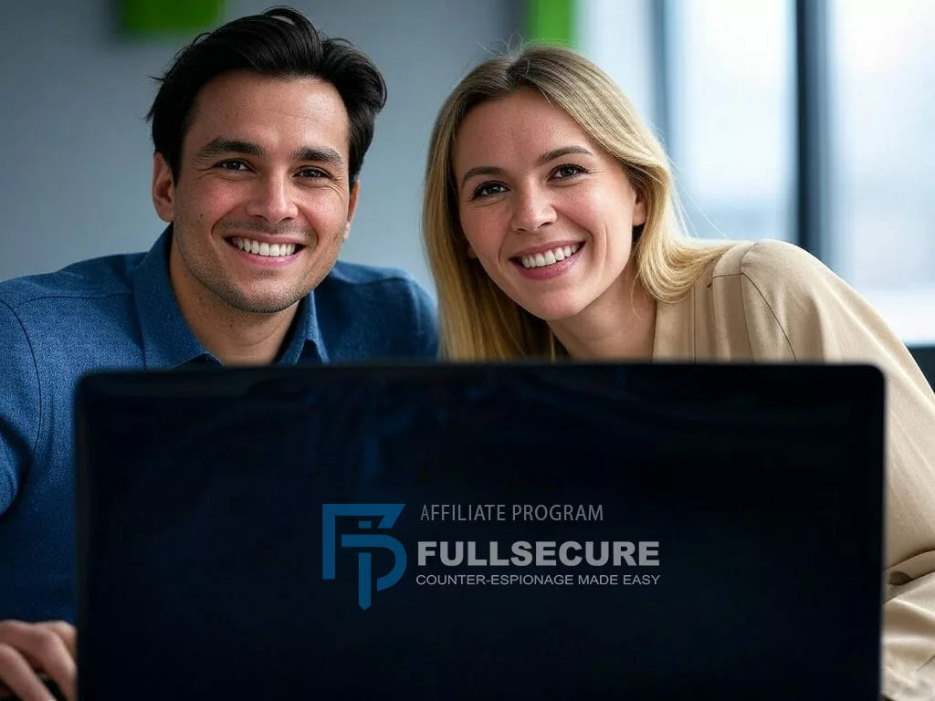 Two individuals discussing the Fullsecure Affiliate Program on a laptop screen. Affiliate Contact Fullsecure