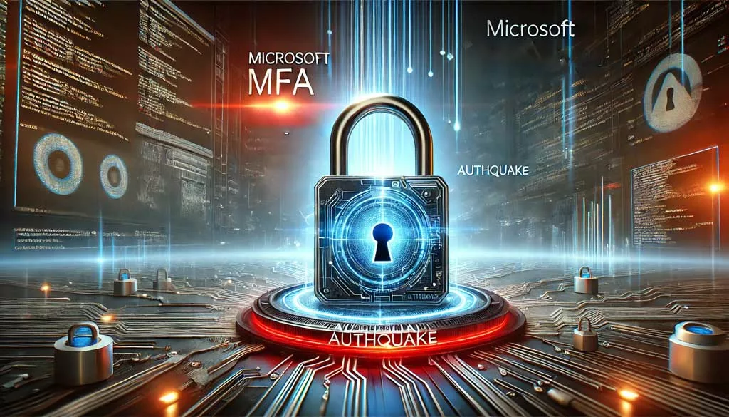 Illustration depicting the Microsoft MFA Security Flaw, highlighting a digital lock being bypassed with code streams in the background, symbolizing the vulnerability nicknamed AuthQuake.