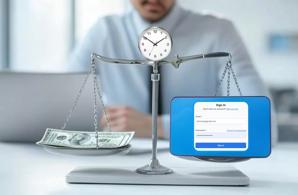 Digital scale balancing time and money, representing the cost of login methods such as passwords, two-factor authentication, and facial recognition, in a professional setting.