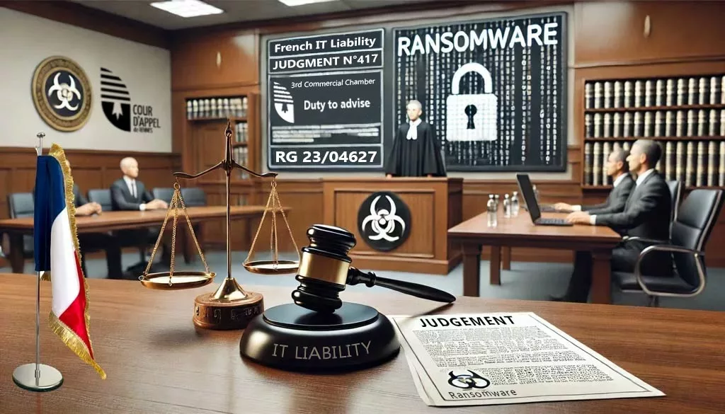 Courtroom scene with a judge's gavel and legal documents on a wooden desk in the foreground, symbolizing a ruling on IT liability. A screen in the background displays a ransomware warning, emphasizing the case's digital focus.