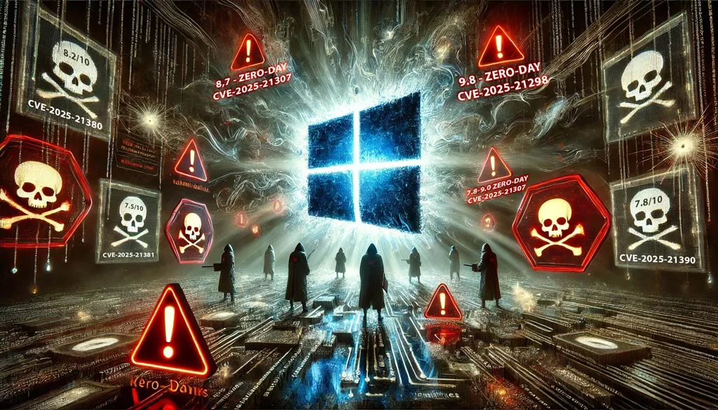 A hyper-realistic digital illustration showing the severity of Microsoft vulnerabilities in 2025, with interconnected red warning signals, fragmented systems, and ominous shadows representing critical zero-day exploits and cybersecurity risks.