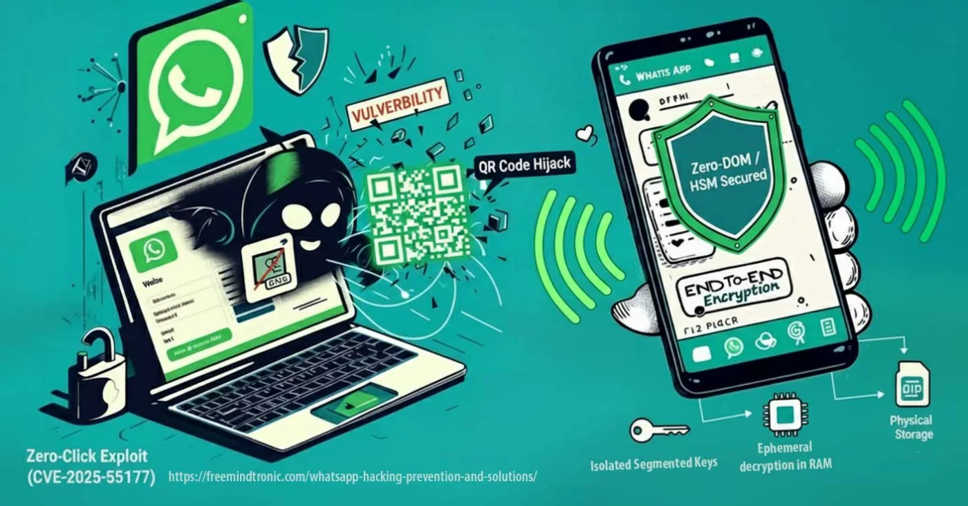 Diagram illustrating WhatsApp hacking techniques (Zero-Click exploit CVE-2025-55177 and QR Code hijack) countered by Sovereign Zero-DOM / HSM defense, showing data isolation and ephemeral RAM decryption.