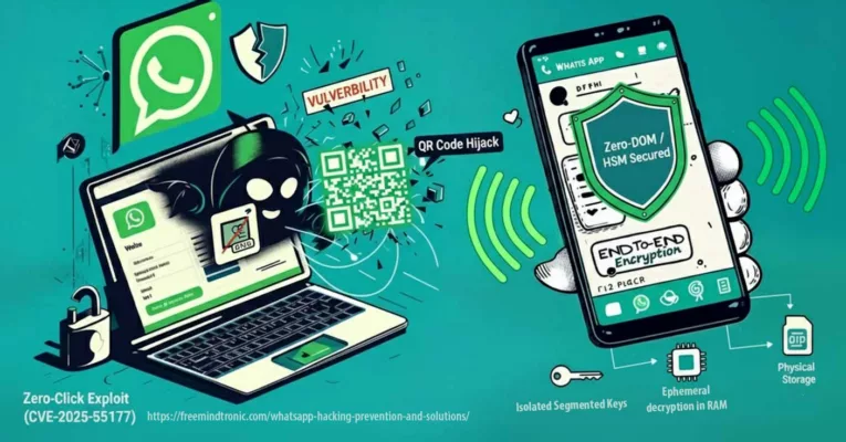 Diagram illustrating WhatsApp hacking techniques (Zero-Click exploit CVE-2025-55177 and QR Code hijack) countered by Sovereign Zero-DOM / HSM defense, showing data isolation and ephemeral RAM decryption.