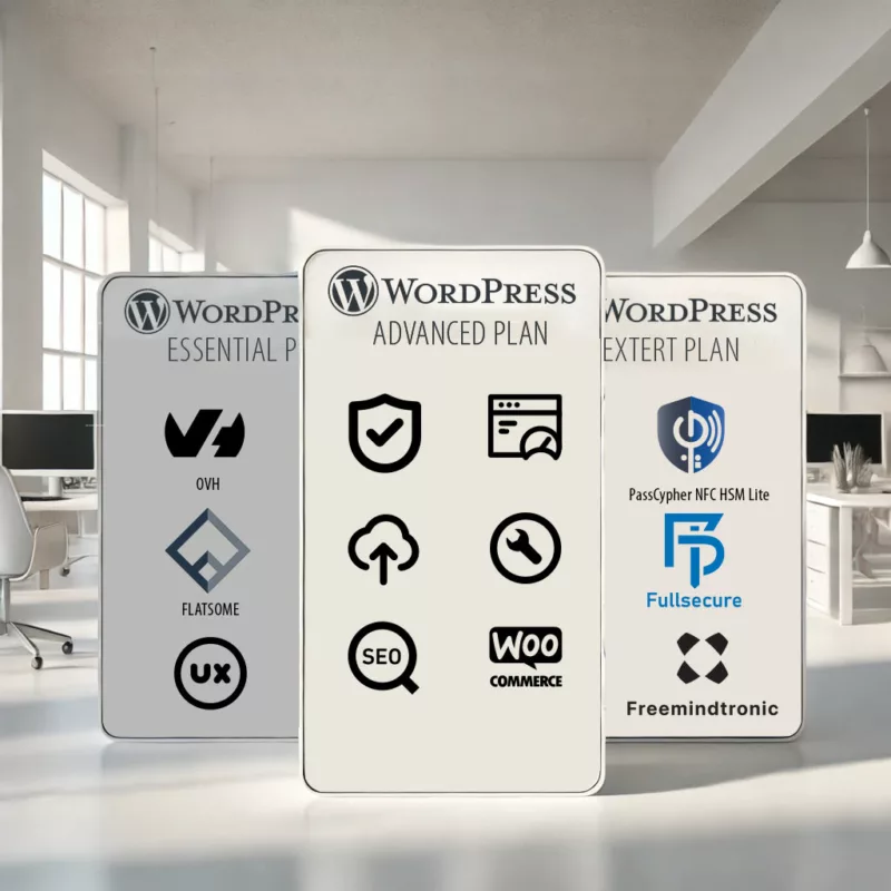 Minimalist illustration of WordPress security services plans with an open space developer environment in the background, showcasing Essential, Advanced, and Expert plans.