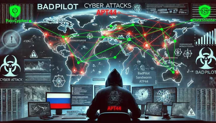 Visual representation of BadPilot Cyber Attacks by APT44, showcasing global cyber-espionage targeting critical infrastructures with PassCypher and DataShielder defenses.