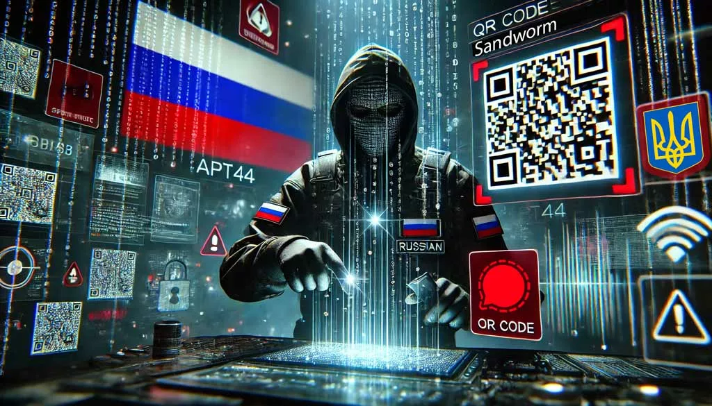 Illustration of a Russian APT44 (Sandworm) cyber spy exploiting QR codes to infiltrate Signal, highlighting advanced phishing techniques and vulnerabilities in secure messaging platforms.