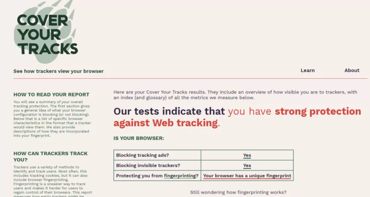 Test results showing improved protection with BITB activated, blocking tracking ads and invisible trackers but still having a unique fingerprint.