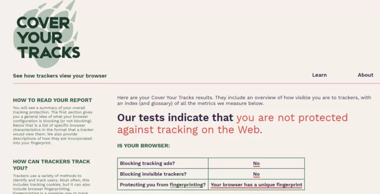 Test results showing a browser with no protection against tracking ads, invisible trackers, or fingerprinting.