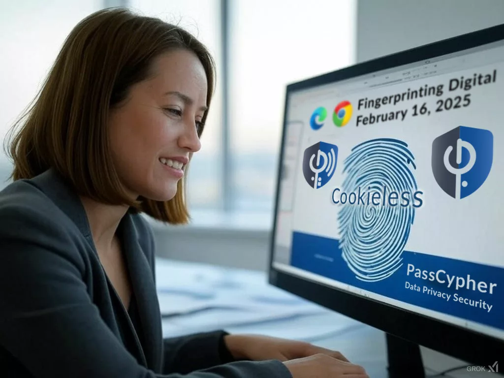 A woman looking at a computer screen displaying a fingerprint, the words 'Cookieless' and 'PassCypher Data Privacy Security', along with the date 'February 16, 2025', symbolizing Google's fingerprinting policy shift. The image highlights the importance of stopping browser fingerprinting and protecting online privacy