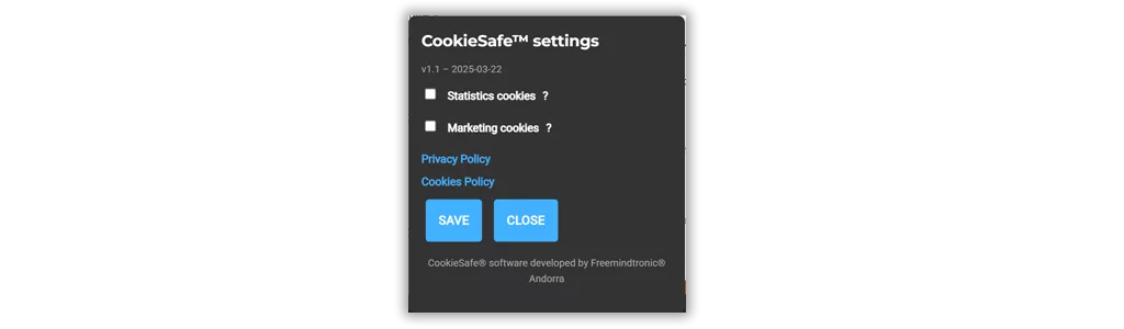 CookieSafe™ settings panel with checkboxes and multilingual labels