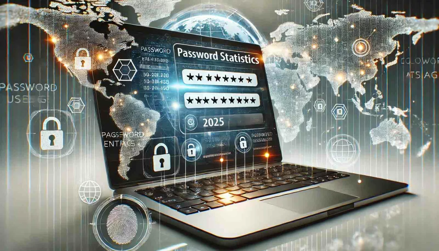 A hyper-realistic image illustrating Password Statistics 2025, featuring a laptop login screen with multiple password entry fields, a digital world map, and cybersecurity elements like a fingerprint scanner and security shield.