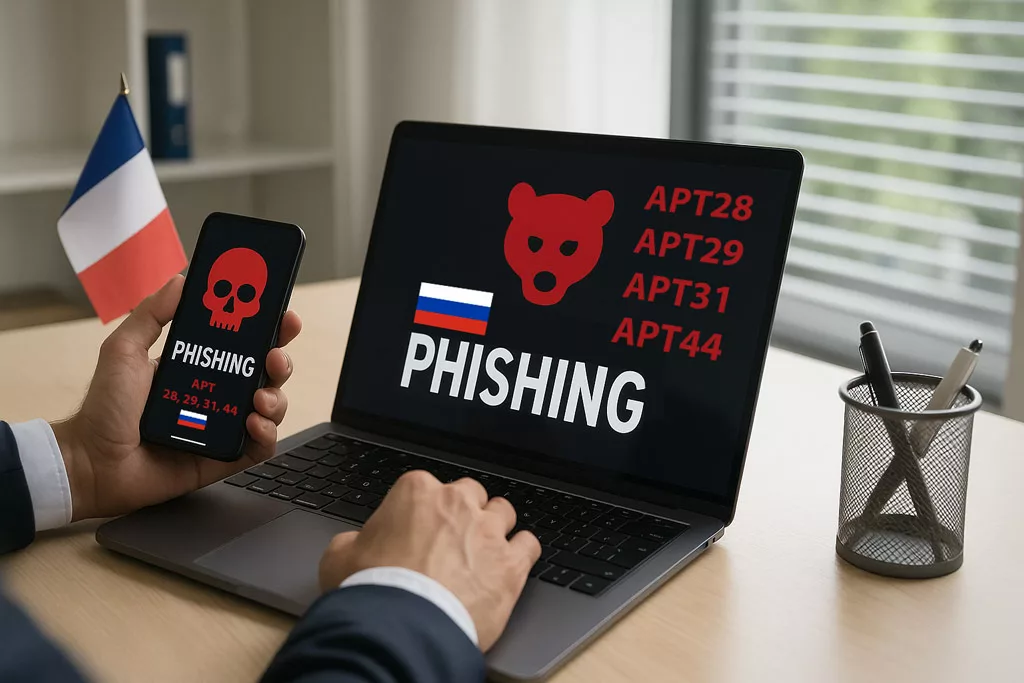 APT28 spear-phishing France: cyberattack warning on Russian APT threats targeting European and French institutions, shown on a laptop and smartphone.