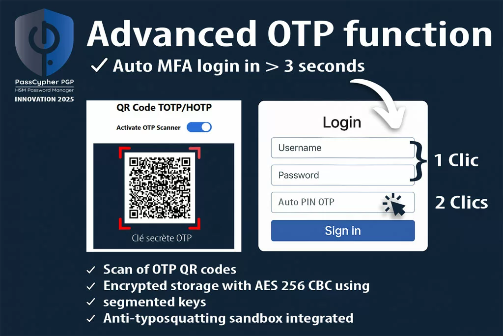EviOTP HSM PGP advanced OTP function with auto-connection in less than 3 seconds via segmented AES-256 CBC encryption